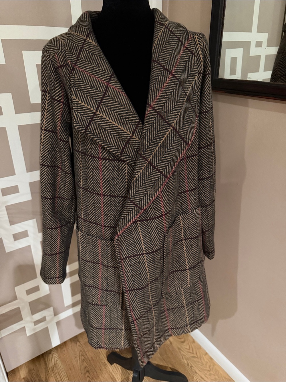 HYFVE Brown Herringbone Plaid Wrap Trench Coat Sz S Excellent Condition
